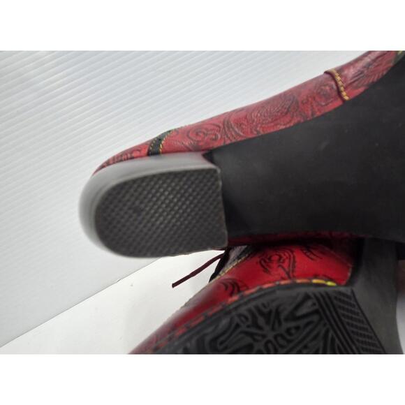 Red Paisley Heel Shoes Womens Size 39 US 8 Lace Up Leather Print Vintage Style - Picture 10 of 13